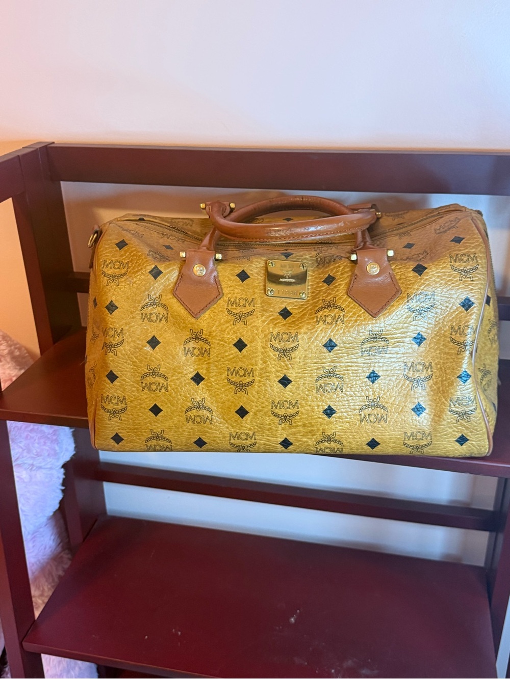 MCM Monogram Visetos Travel Duffle in Cognac Brown with Black Accents 35